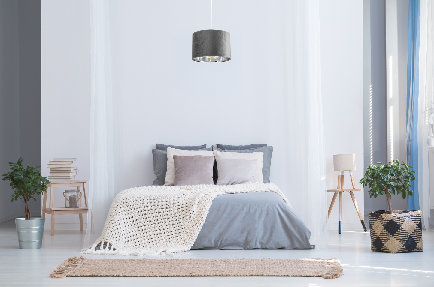 NILA - CGC Luxury Grey Velvet & Silver Inner Round Pendant Drum Lamp Shade