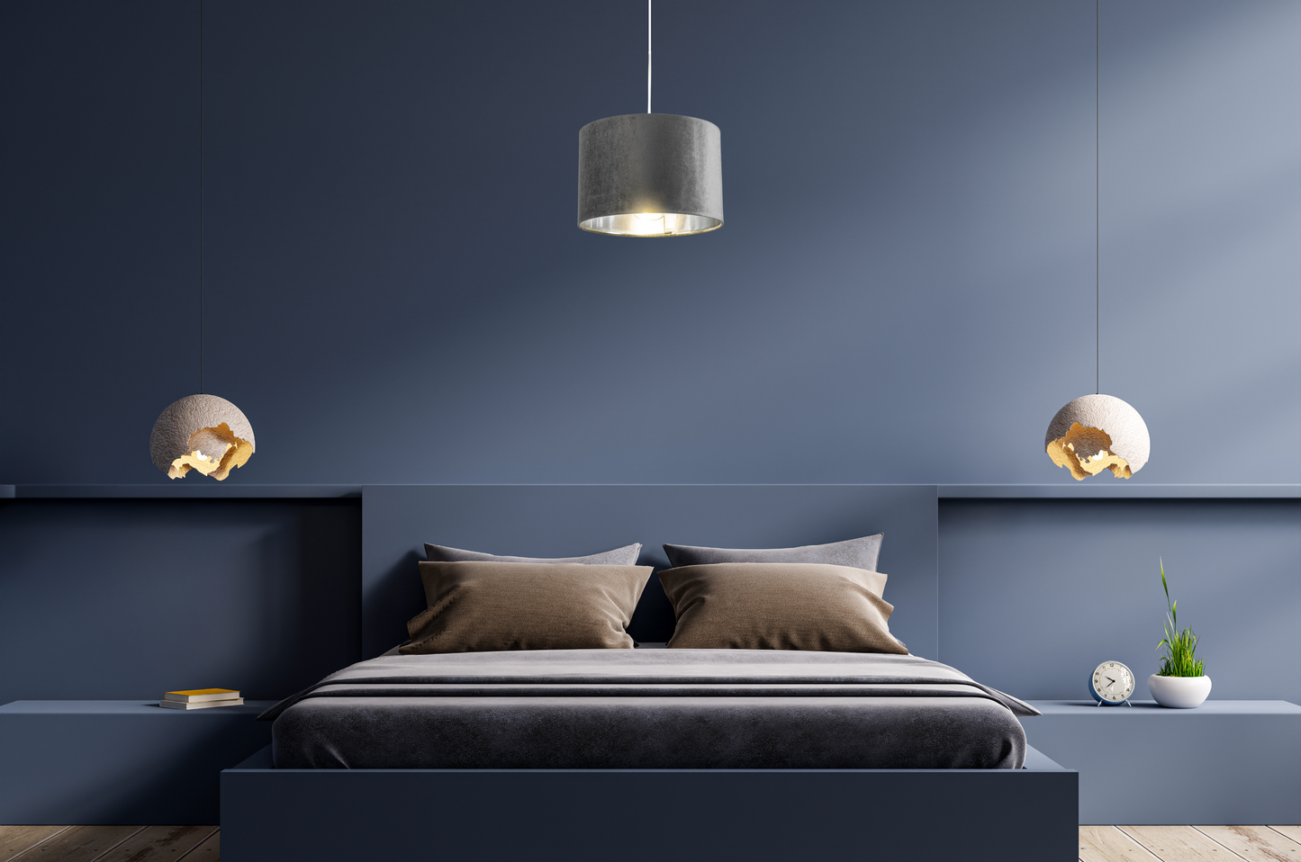 NILA - CGC Luxury Grey Velvet & Silver Inner Round Pendant Drum Lamp Shade