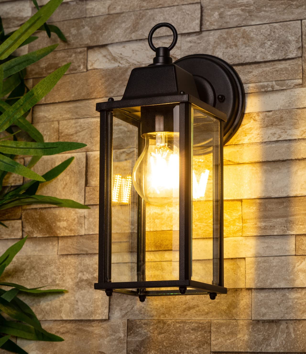 FREYA - Black Coach Lantern Wall Light Bevelled Glass