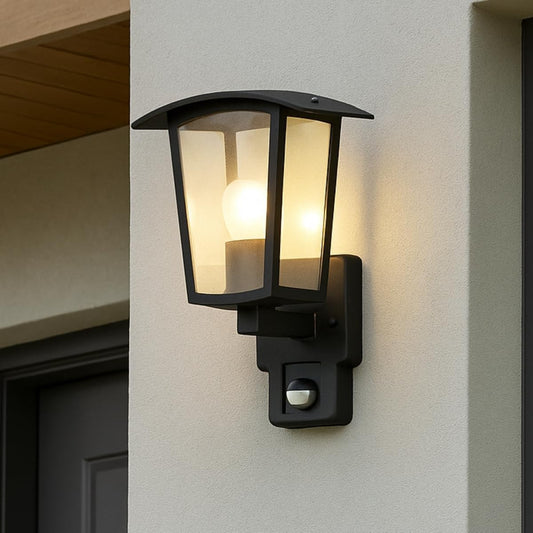 CGC ALLY Black E27 Outdoor Wall Light Lantern Clear Diffuser IP44 with PIR Motion Sensor