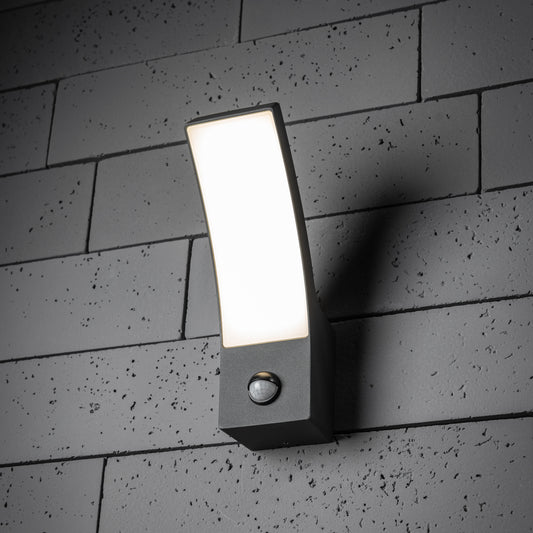 CGC MILLIE Anthracite Dark Grey Curved LED Wall Light PIR Motion Sensor Diecast Aluminium Opal Diffuser 4000k IP54