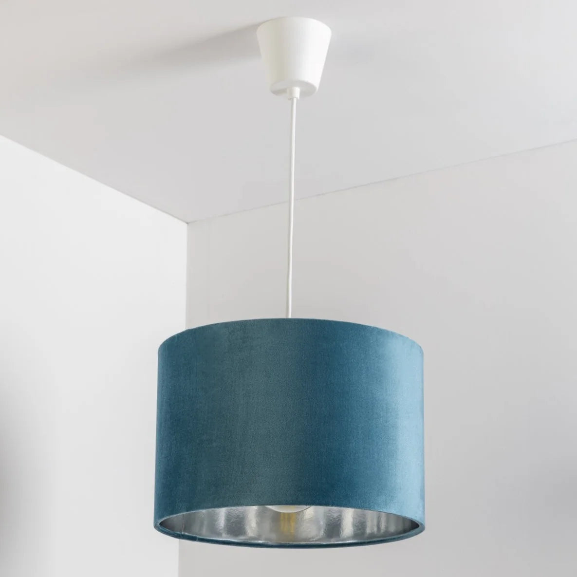 NILA - CGC Luxury Teal Velvet & Silver Round Pendant Drum Lamp Shade