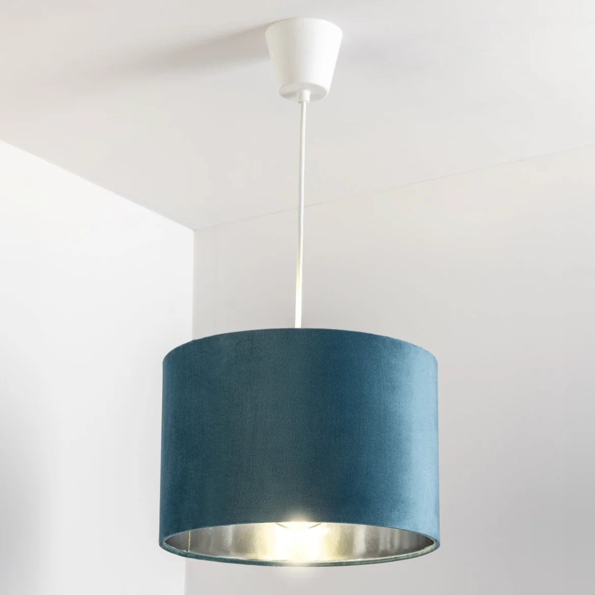 NILA - CGC Luxury Teal Velvet & Silver Round Pendant Drum Lamp Shade