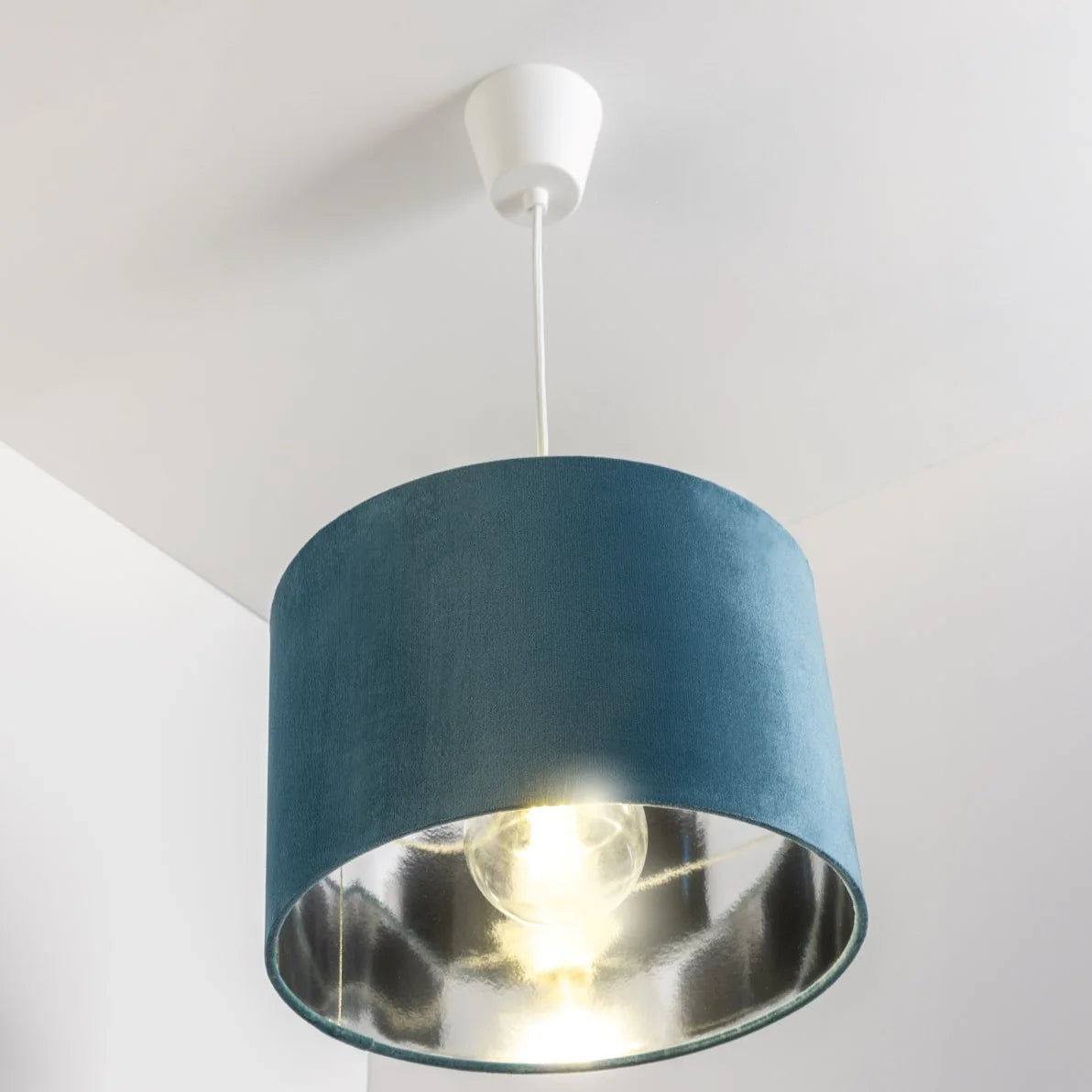 NILA - CGC Luxury Teal Velvet & Silver Round Pendant Drum Lamp Shade