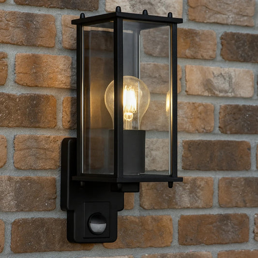 CGC MARIN Black Outdoor Wall Lantern Clear Bevelled Glass Diffuser WITH PIR Motion Sensor IP44