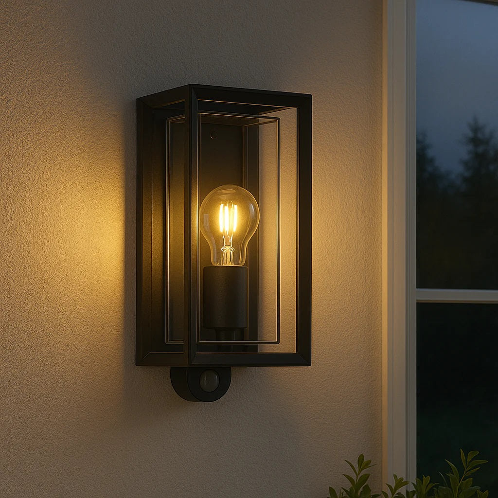 CGC FLORIANA PIR Black Outdoor Wall Light Clear Diffuser E27 Standard Screw IP54