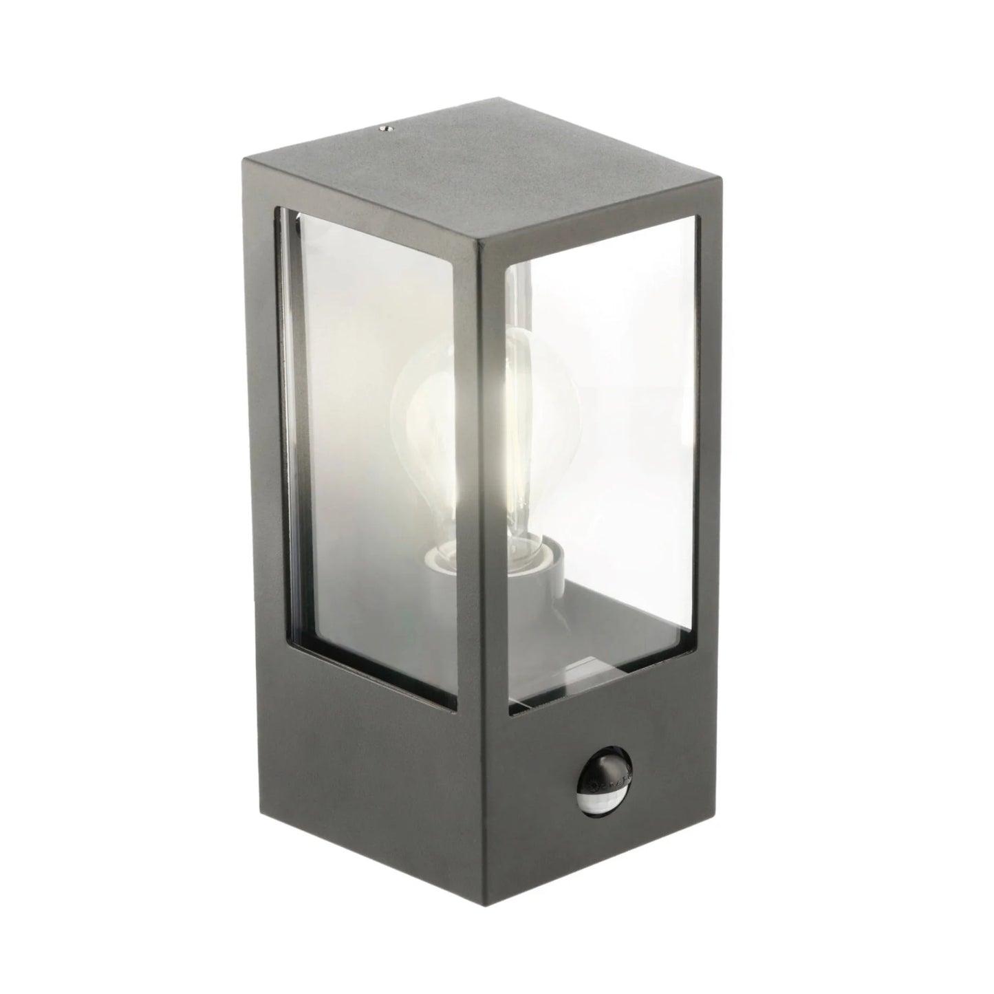 CGC MARINA Black E27 Outdoor PIR Motion Sensor Wall Light Box Lantern Clear Diffuser IP44