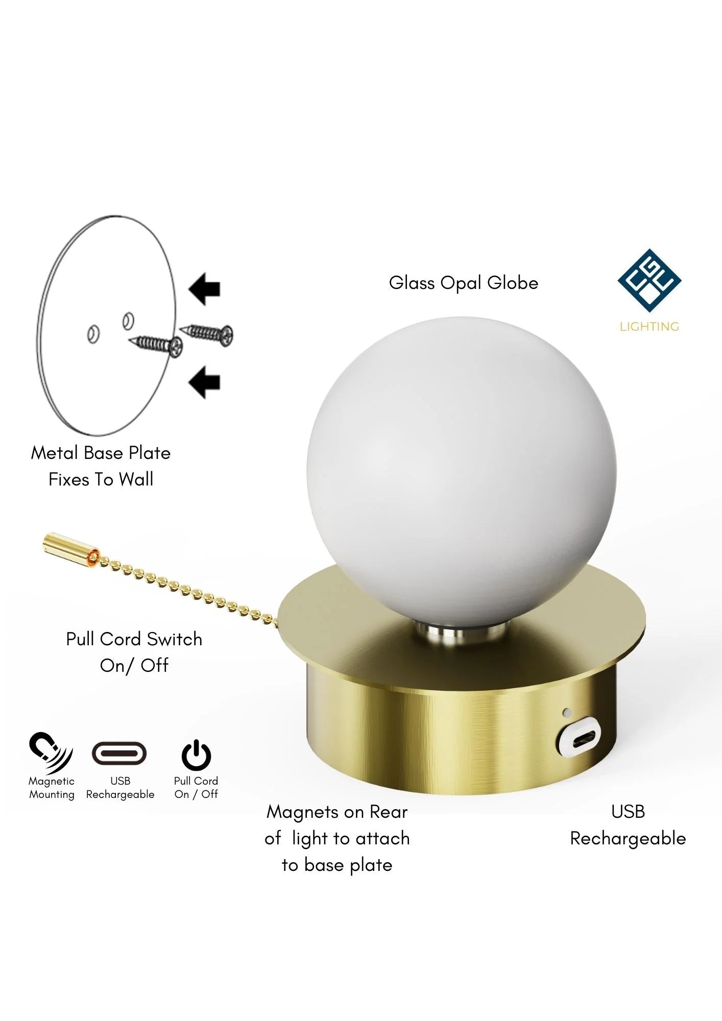 CGC MACIE Satin Gold & White Opal Globe LED Rechargeable Magnetic USB Reading Bedside Wall Light Pull Cord Switch