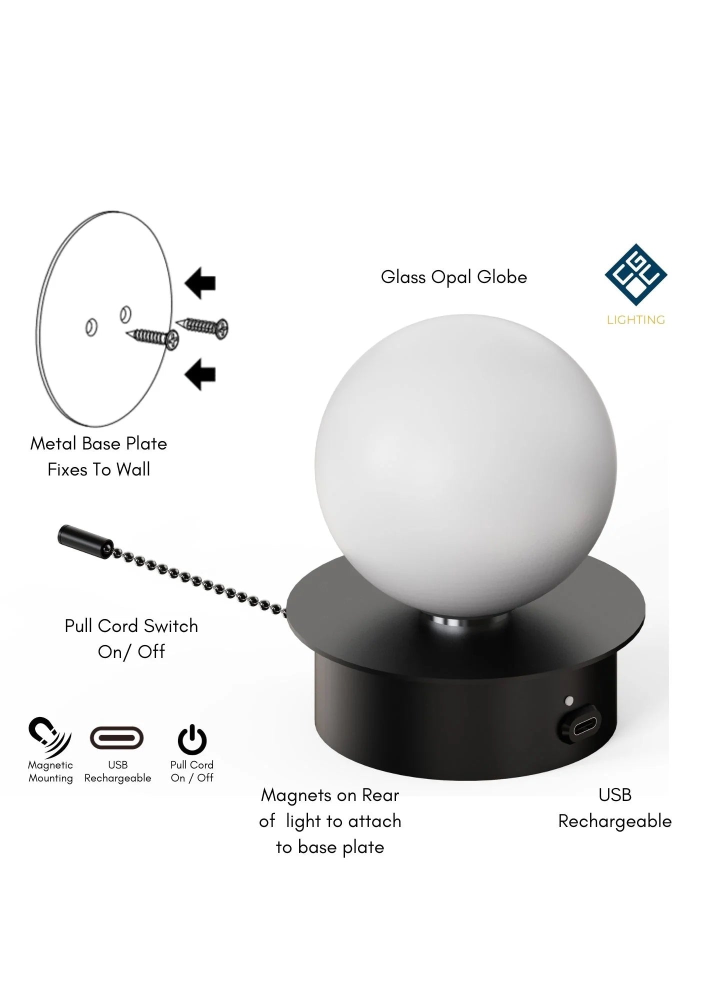 CGC MACIE Black & White Opal Globe LED Rechargeable Magnetic USB Reading Bedside Wall Light Pull Cord Switch