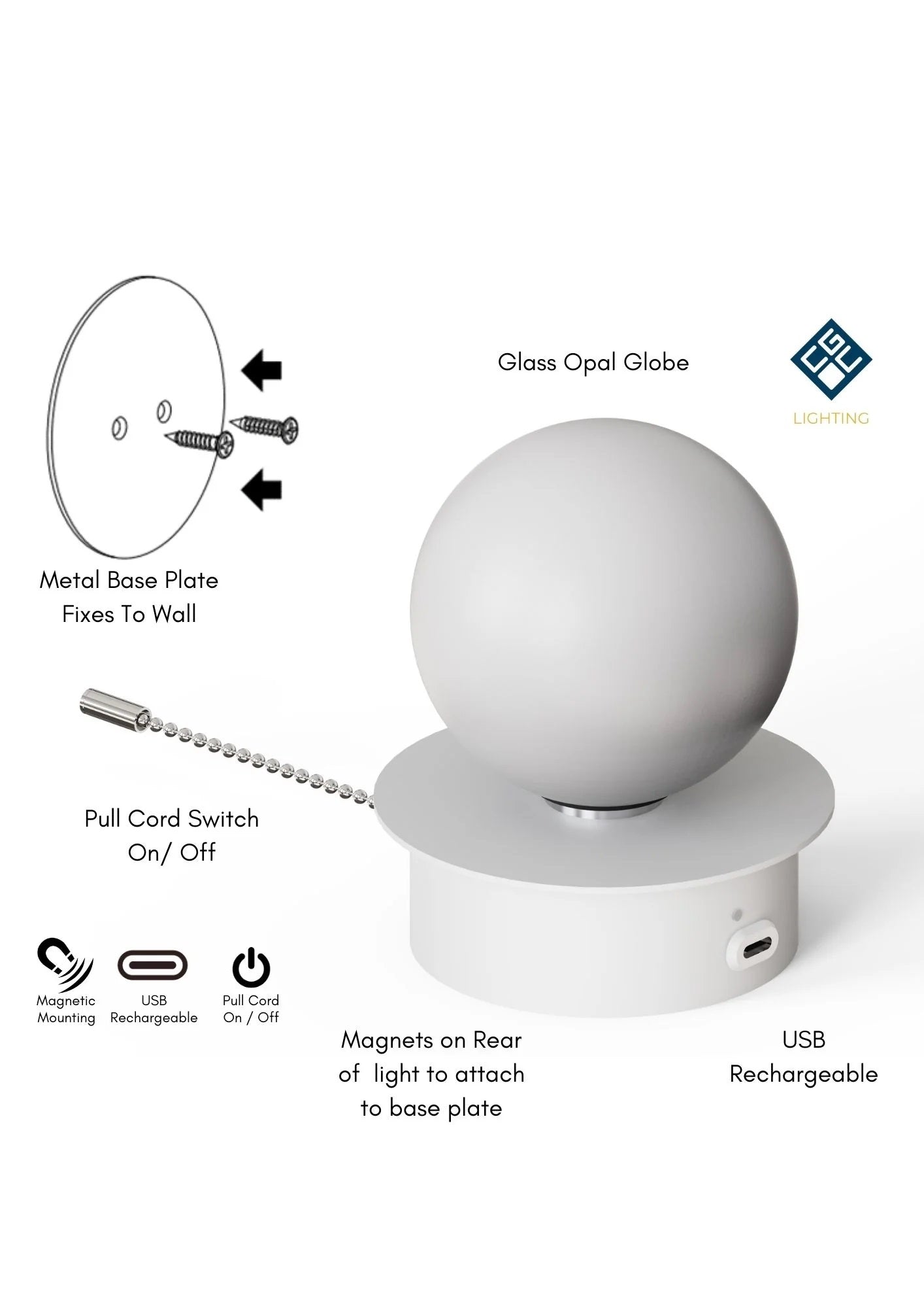 CGC MACIE White & White Opal Globe LED Rechargeable Magnetic USB Reading Bedside Wall Light Pull Cord Switch