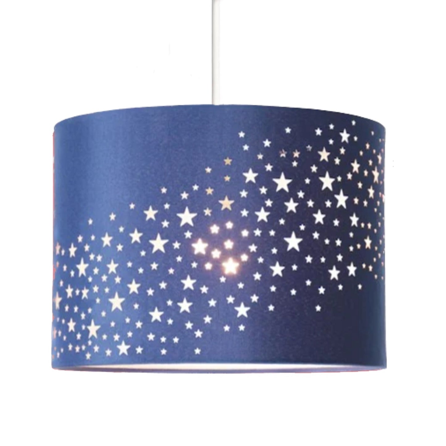 The Stardust luxury navy fabric star pendant shade would make a charming touch to your room. Constructed from a high quality soft navy cotton material with intricate laser cut stars in various sizes making a stunning effect in the room when lit. This easy fit non electrical pendant lampshade and can simply be fitted over any standard light fitting or table lamp.