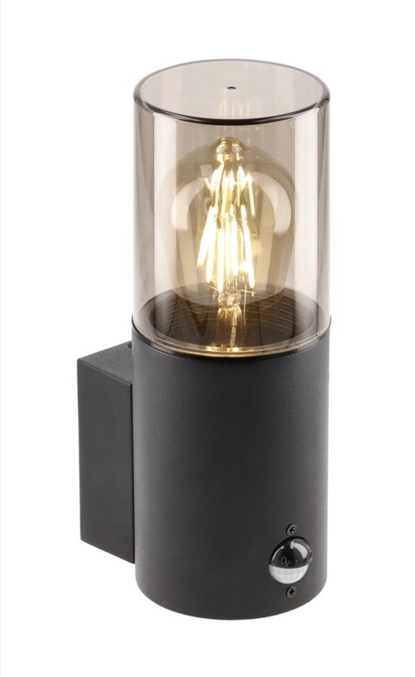 CGC Bluebell Black Cylinder Wall Light with Smoky Diffuser & PIR Motion Sensor