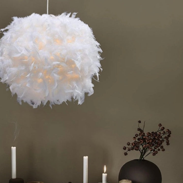 Our Rio easy fit white feather lamp shade is constructed from delicate feathers in a large round shape. This beautiful shade is perfect for adding a touch of fun and elegance to your room. Can be used as either a table lamp shade or a ce