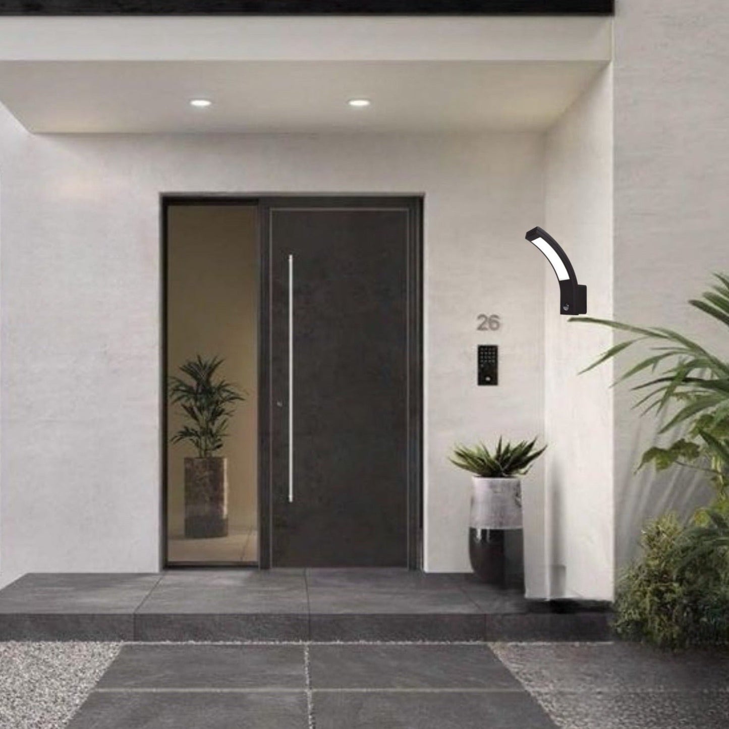 Paris has been designed for use outdoors. It features IP code IP54, which means that the light is protected from dirt and moisture. This LED outdoor wall light is simple and modern in design to create a minimalist light. The LEDs are housed behind an opal white panel made of polycarbonate. Built in motion sensor.