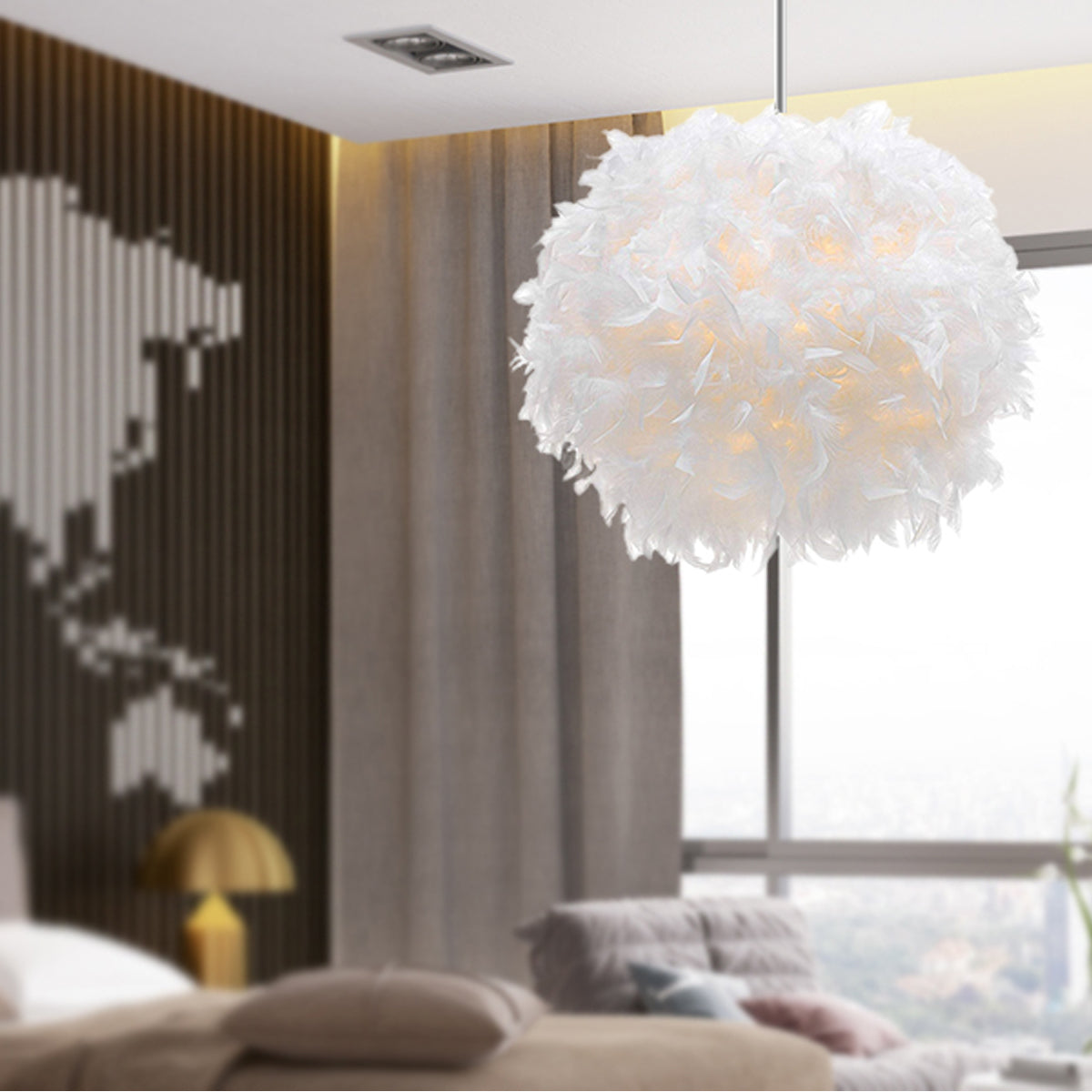 Our Rio easy fit white feather lamp shade is constructed from delicate feathers in a large round shape. This beautiful shade is perfect for adding a touch of fun and elegance to your room. Can be used as either a table lamp shade or a ce