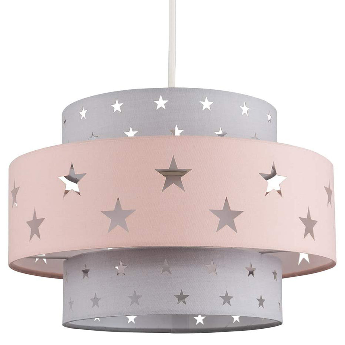 Our grey and pink two tiered star shade features a mixture of large and small sweet stars cut out across a grey and pink background. When your lamp is turned on it will shine out through these cut-outs, mimicking a beautiful night sky. This lampshade is made with soft-touch fabric for a little bit of luxury.